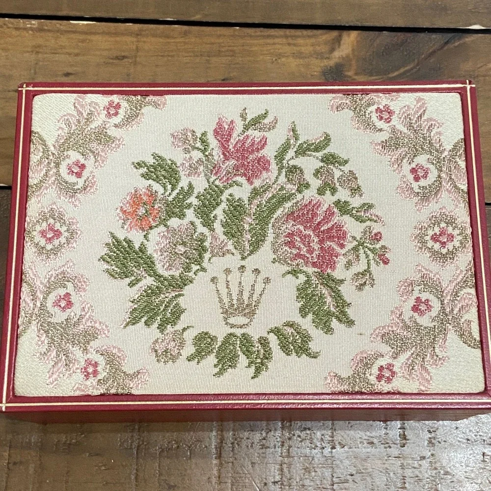 Vintage Rolex Watch Box Red Floral Tapestry Embroidery Gold Trim case
